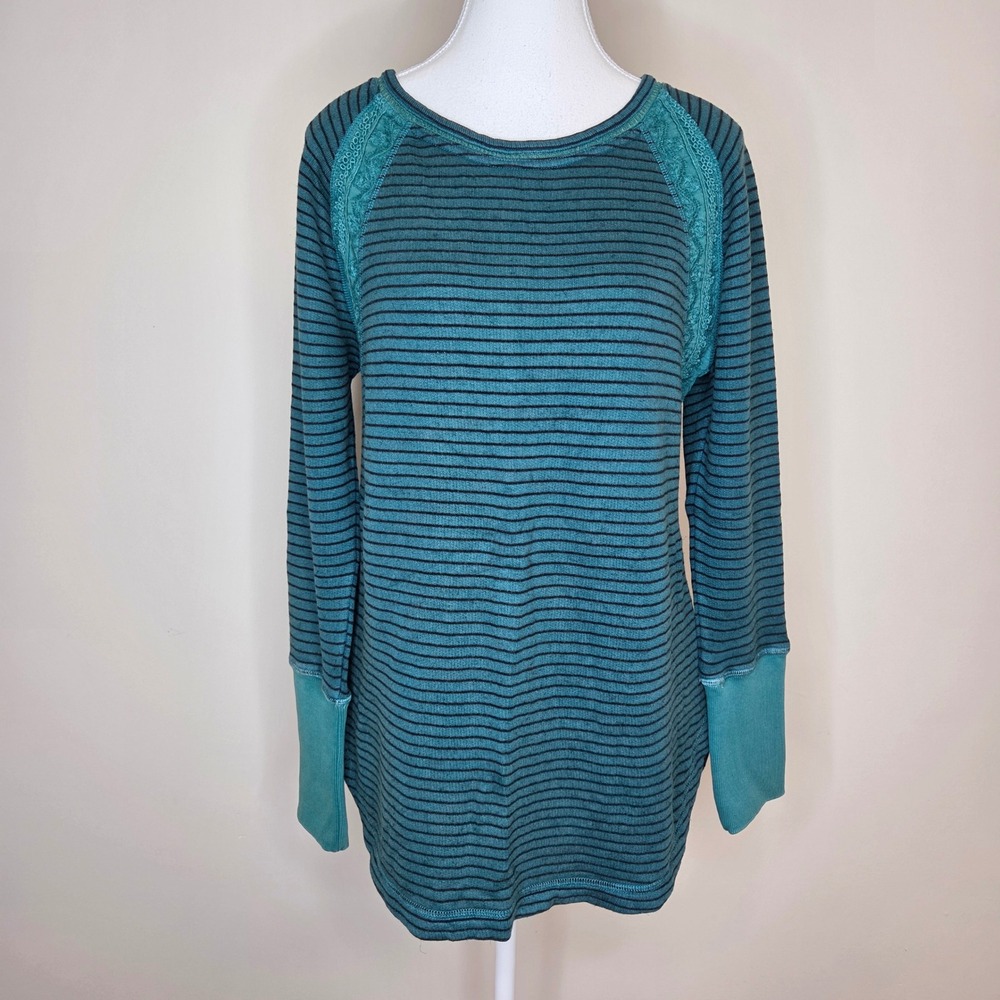 Soft Surroundings Teal Striped Lace Trim Raglan Tunic‎ Top Small